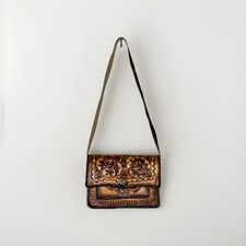 Vintage Hand Tooled Leather Purse Rose / Floral Shoulder Bag Boho Hippie Retro