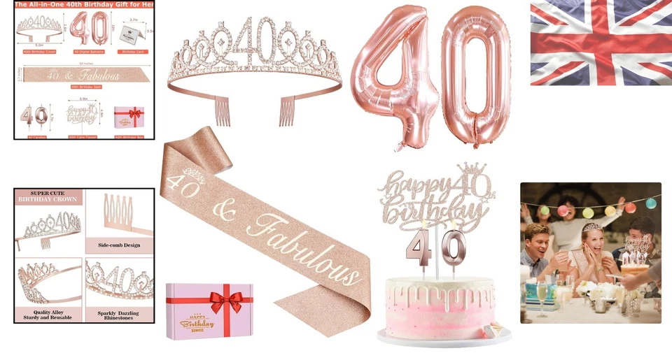Stunning 40th Birthday Essentials: Sash, Tiara, Cake Topper & Rose Gold Accents — 第 2/4 张图片