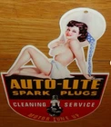 VINTAGE "AUTO LITE SPARK PLUGS W/ WOMAN IN HAT!" 13" METAL GASOLINE & OIL SIGN!!