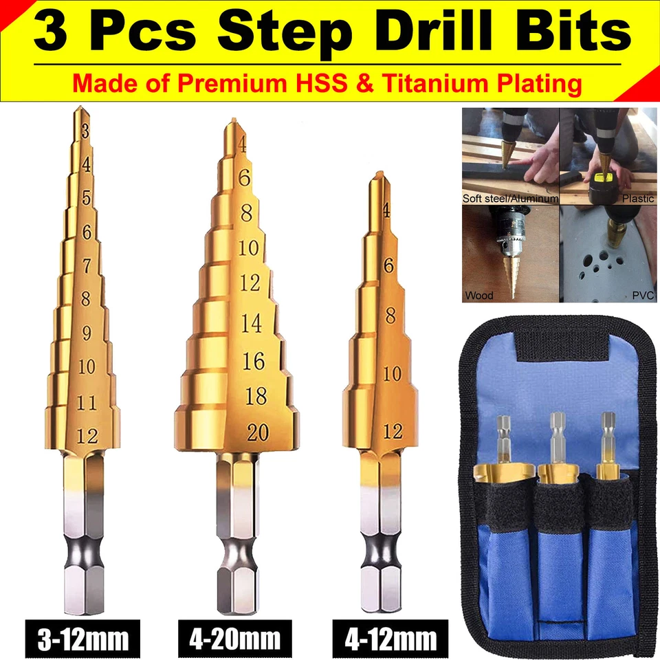 HSS Step Drill Bit Titanium Coated Hex 3-20mm Step Cone Drill Bit Cutter 3Pcs UK