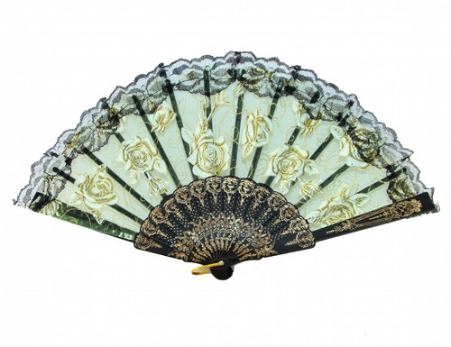 Black Slab Lace Folding Fan with Rose Pictures - Picture 6 of 8