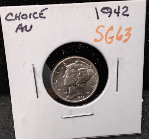 1942 MERCURY SILVER DIME - CHOICE AU - SG63