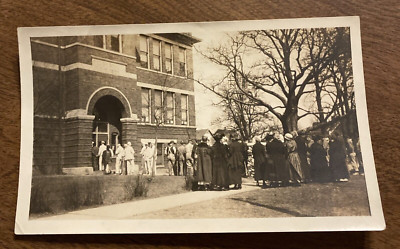 Antique 1910s Brick School Building Crowd of People  Original Real Photo P11e15