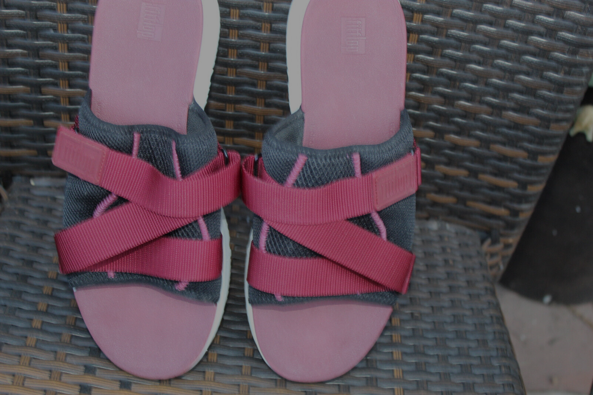 FITFLOP ALYSSA MARRON/BLACK LOW WEGE FABRIC SANDALS SZ MADE IN