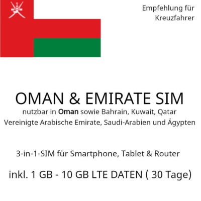 Oman SIM (+6 Nachbarländer) und 1 GB - 10 GB LTE Daten