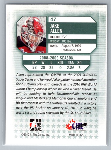 Jake Allen 2009-10 In The Game Between the Pipes #47 Future Stars - Picture 2 of 2