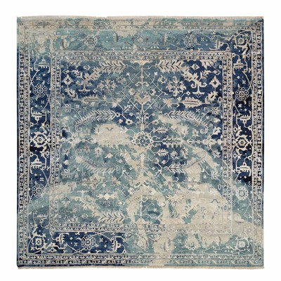 10'x10' Blue Farsian Erased Design Wool And Silk Hand Knotted Square Rug R64334