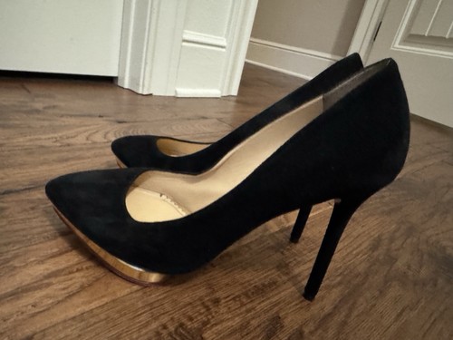 CHARLOTTE OLYMPIA Leather Black Suede Gold Platform Pumps Heels 39 Stiletto 9 M - Picture 2 of 11