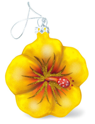 HAWAIIAN HAWAII YELLOW HIBISCUS FLOWER MOLDED GLASS CHRISTMAS ORNAMENT 2.5''