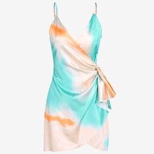 Onëleven NWT Water Color Wrap Mini Dress in Cream/Turquoise/Orange Size Small