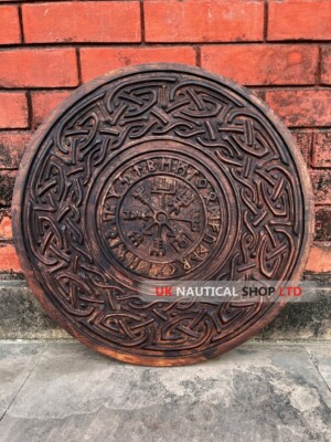 Stylish & Unique Brown Hand Painted Engraved Solid Wooden Viking Shield Cosplay