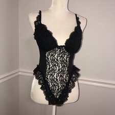 SILKY NYLON FRILLY RUFFLE LACE TEDDY BODYSUIT LINGERIE Padded Cups sz L