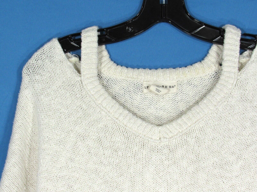 IF IT WERE ME Off-White MID-WEIGHT KNIT Cold-Shoulder V-NECK Pullover SWEATER L - Picture 3 of 5