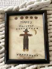 PRIMITIVE "HAPPY HARVEST" GRUNGY SCARECROW CROSS STITCH/CLOTH FRAMED PICT.