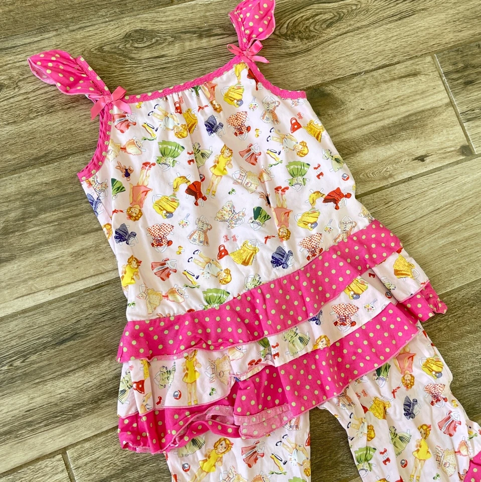 Ann Loren Girls Sz 6 Pink Colorful Ruffle Bottom Top Pants 2 Piece Outfit Set - Image 4 of 4