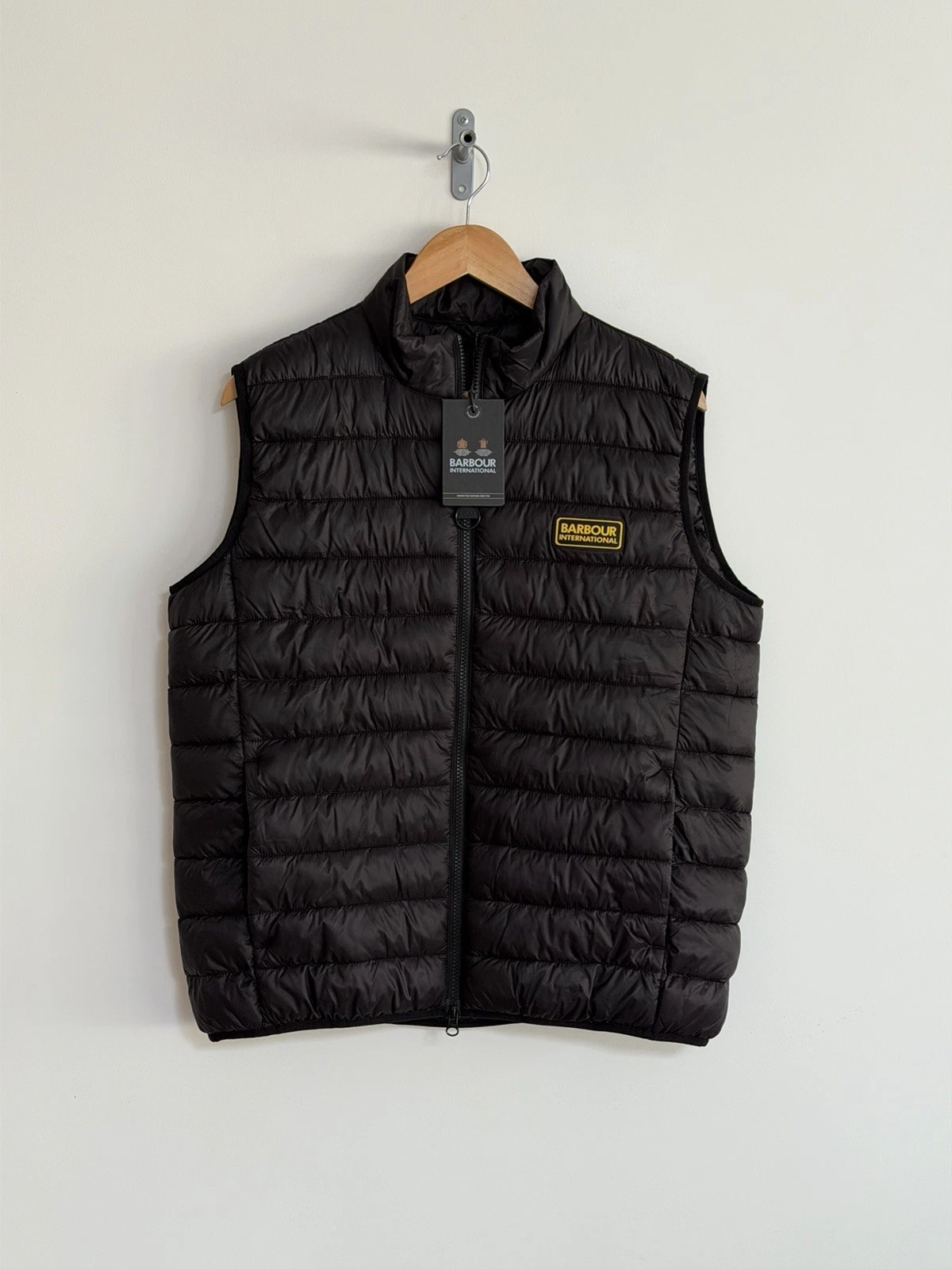 Barbour International Gilet Black Quilted Fibre Down Racer Reed Mens Large New