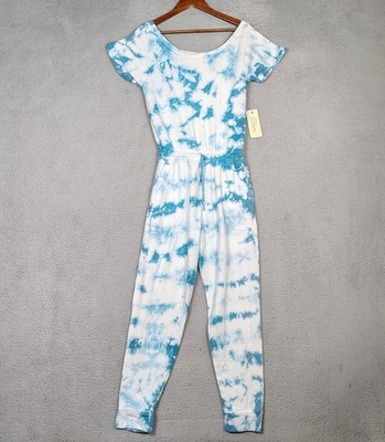 Elan Jumpsuit Womens Medium Blue White Tie Dye Tie-Waist Tapered Leg Joggers NWT