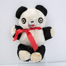 Vtg Plush Panda Bear Rubber Snout Nose Red Bow Black  White Stuffed Animal 50s 