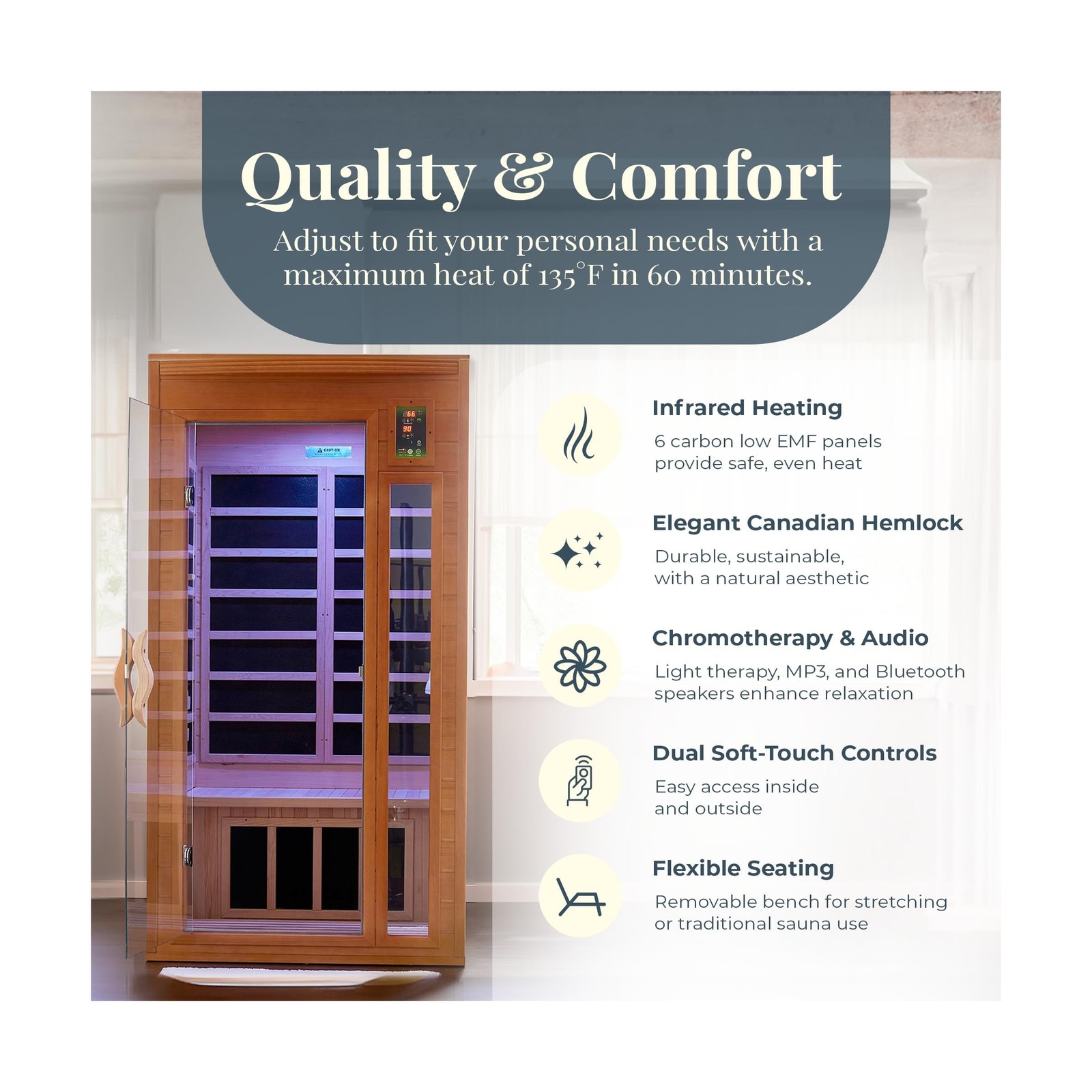 DYNAMIC SAUNAS Barcelona 1- to 2-Person Low EMF FAR Infrared Sauna with Red L...