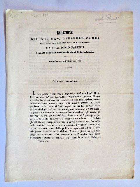 RELAZIONE SU AUTOGRAFI DI MARC'ANTONIO PARENTI di Giuseppe Campi 1965
