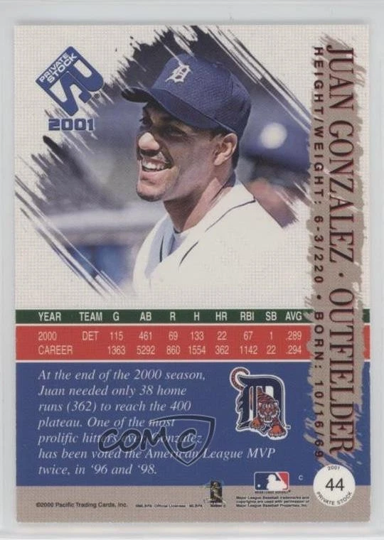 2001 Pacific Private Stock Silver Juan Gonzalez #44 - Image 2 of 2