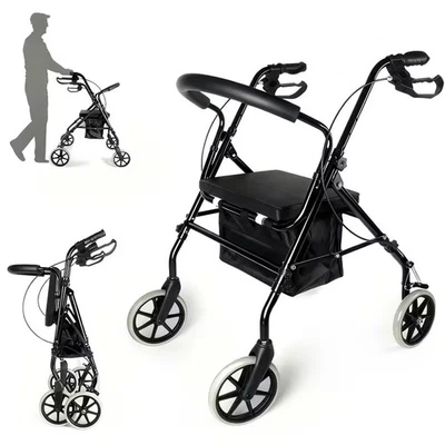 GEARZAAR Lightweight Foldable Adjustable Rollator Walking Frame Wheeled Walker Padde Seat
