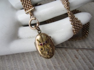 Antique Gold Filled Watch Fob Mesh Chain Garnet Photo Locket Pendant Necklace