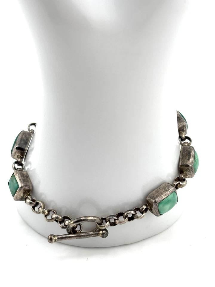 Vintage Sterling Silver 925 Rectangular Turquoise Link Toggle Clasp Bracelet 7.5 - Image 4 of 4