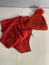 Talbots Soft Red Knit Hat With PomPom and Sca...