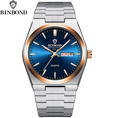 BINBOND Men's Quartz Watch Stainless Steel Band Water-Resistant