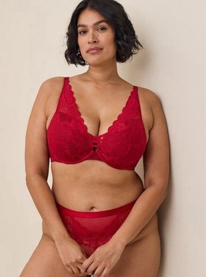 Torrid 42DD Bra Red Tattoo Lace XO Plunge Push Up Straight Back Underwire Padded
