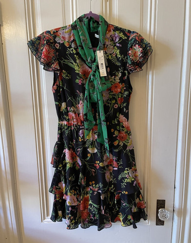 alice + olivia Black Floral Fit & Flare Tie Neck Ruffle Dress Women’s 4