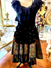 Vintage Mexican Velvet Folklorico Skirt  Blouse Set Lace Peasant Top 116" Sweep