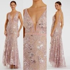 Mac Duggal Rose Pink Floral EmbellishedSleeveless Plunge Neck Gown Women Sz 14