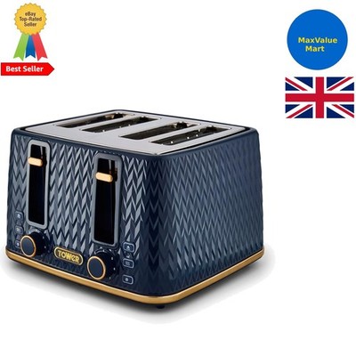 Tower T20061MNB Empire 4-Scheiben-Toaster mit Auftauen/Aufwärmen, Mitternachtsblau