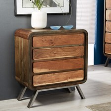 Solid Hardwood and Reclaimed Metal Retro Design Chest of 4 Wide Drawers