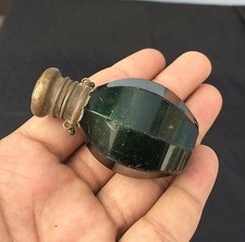 Vintage Old Original Unique Heavy Victorian Green Cut Glass Perfume Bottle G1068