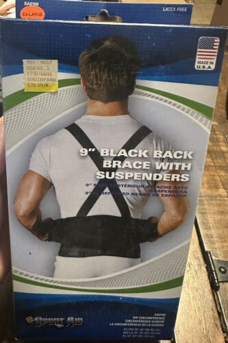 New Sport Aid 9" Black Back Brace w/Suspenders X-Large 40-55”