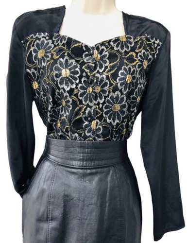 Vintage Blouse 80s Black Top Womens Size 8 10 Dramatic Gothic Satin Gold Retro - Picture 3 of 13