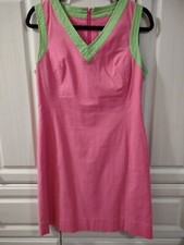 Lilly Pulitzer Dress Pique Pink Green Cotton Vneck Vintage Classic Size 8