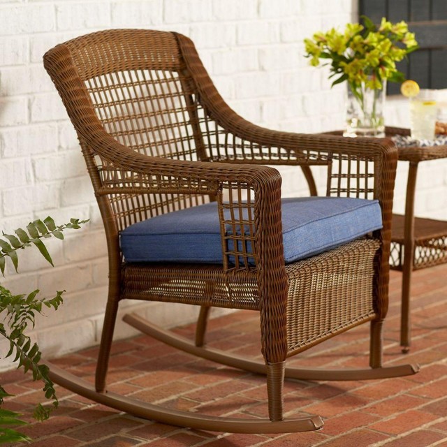 hampton bay spring haven brown wicker patio rocking chair with blue
