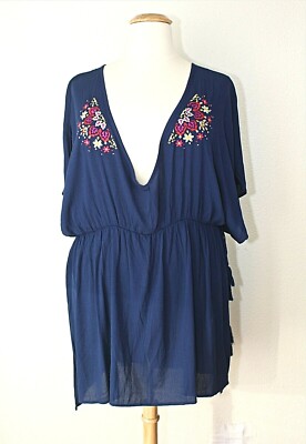 NWOT TIME & TRU Top Blouse 3X (24W / 26W) SS Navy Embroidered BOHO Casual #03