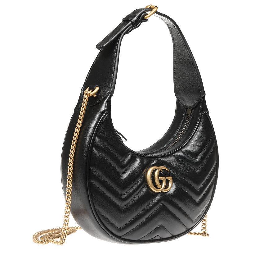 NEW GUCCI BLACK LEATHER DOUBLE G MARMONT HALF-MOON SHAPED MINI BAG
