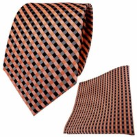 Tigertie Seidenkrawatte + Seideneinstecktuch In Orange Lachs Royal Grau Kariert