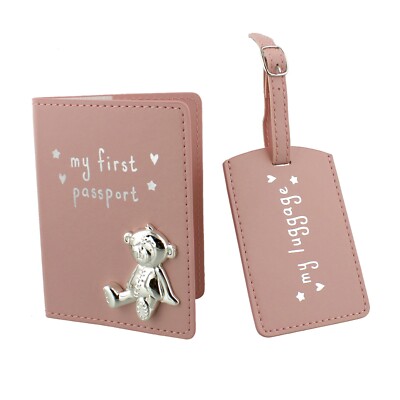 Baby Passport Cover and Luggage Tag Teddy Button Corner Pink My First Set  Gift UK