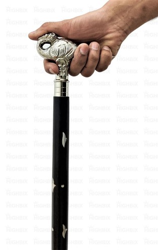 Antique Peacock Silver Handle Wooden Walking 3 Fold Black Stick Cane Vintage New - Picture 3 of 5