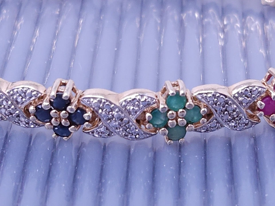 Vtg Sterling Silver GP Lab Created Gemstone Diamond Accent Tennis Bracelet 7" - Image 3 of 4