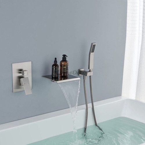 Wall Mounted Bath Side Concealed Bathtub Faucet Waterfall Hand Shower Mixer Tap - Picture 7 of 7