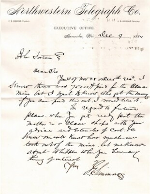 NORTHWESTERN TELEGRAPH SIMMONS 1884 ALMA MINE SALE FORTUNE LETTER PARK COUNTY CO