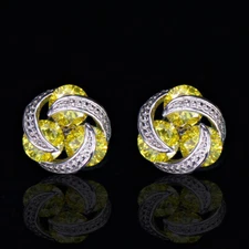 Silver Plated Cubic Zircon Revolving Round Stud Earrings Yellow Fashion Jewelry